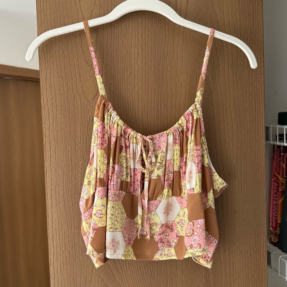 BP Nordstrom Tie Detail Crop Camisole In Tan Pink Honeycomb Floral Size XL